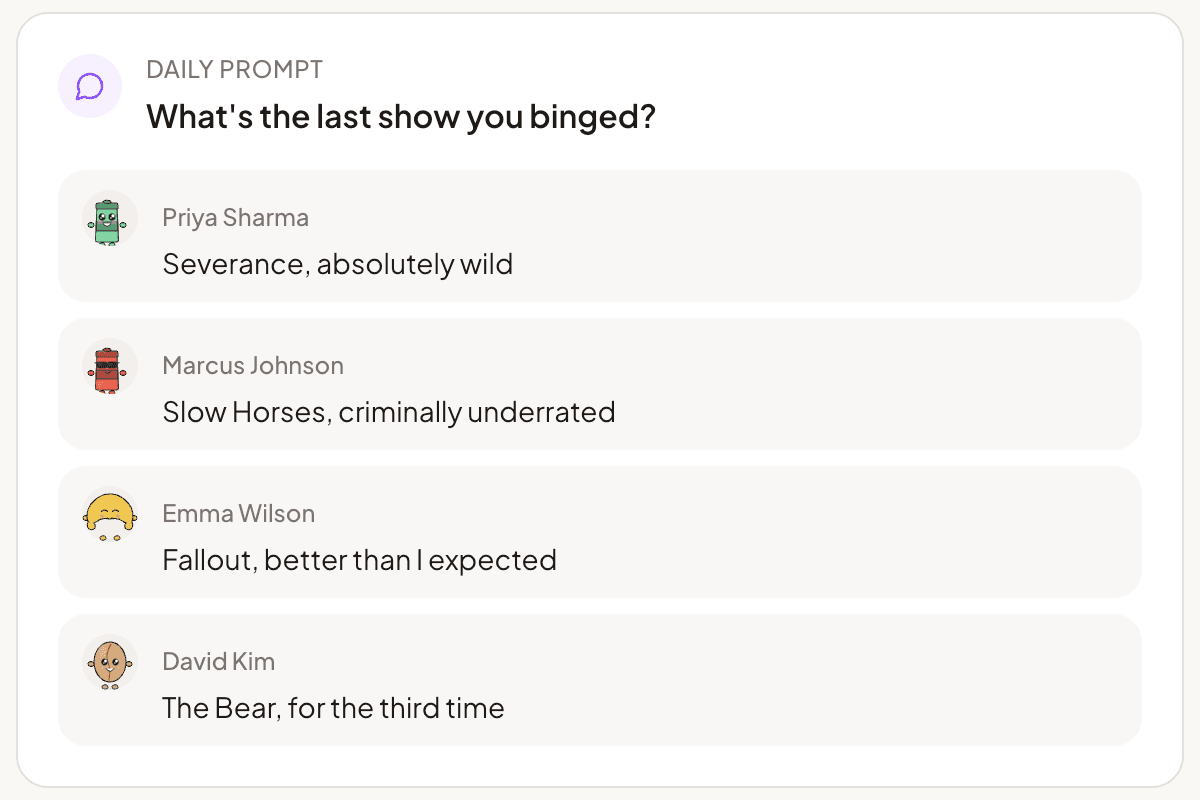 Daily prompt showing teammates answering a low-stakes question with reactions