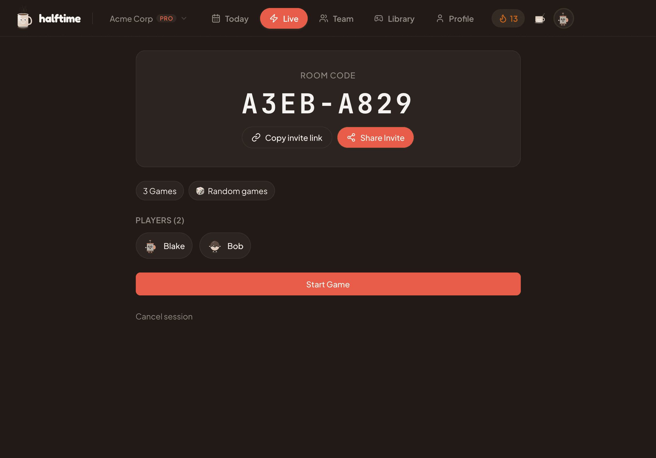 Live session lobby in dark mode with the room code A3EB-A829, copy invite and share buttons, two players already joined, and a Start Game button