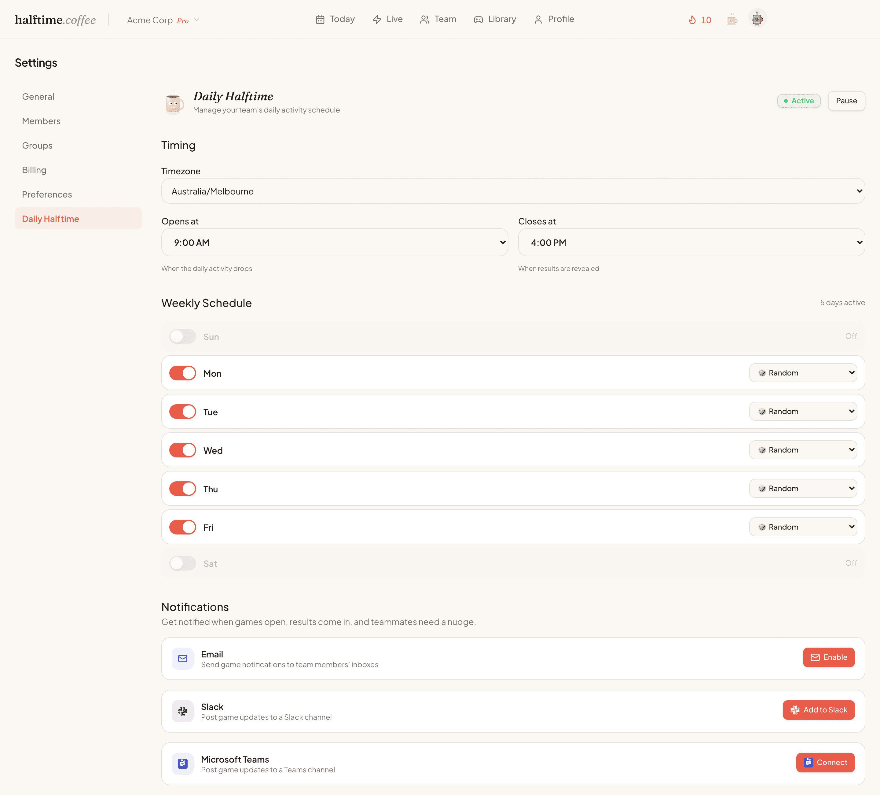 Halftime settings showing daily schedule and Slack and Microsoft Teams notification setup