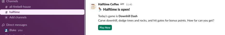Slack notification announcing today's Halftime game to the team