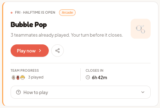 Bubble Pop daily game card with Play now button, team progress, and countdown