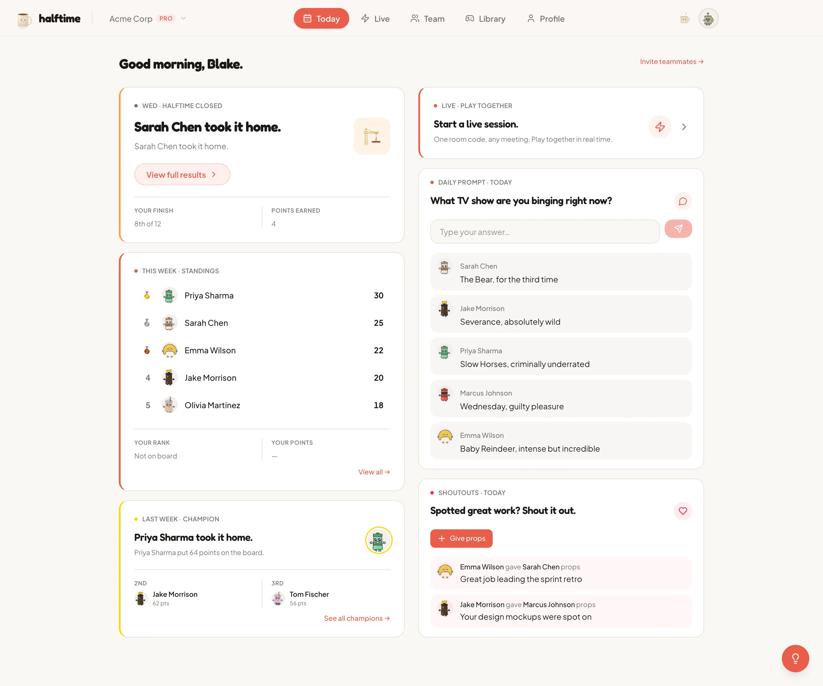 Halftime Today page showing the daily game for a remote team