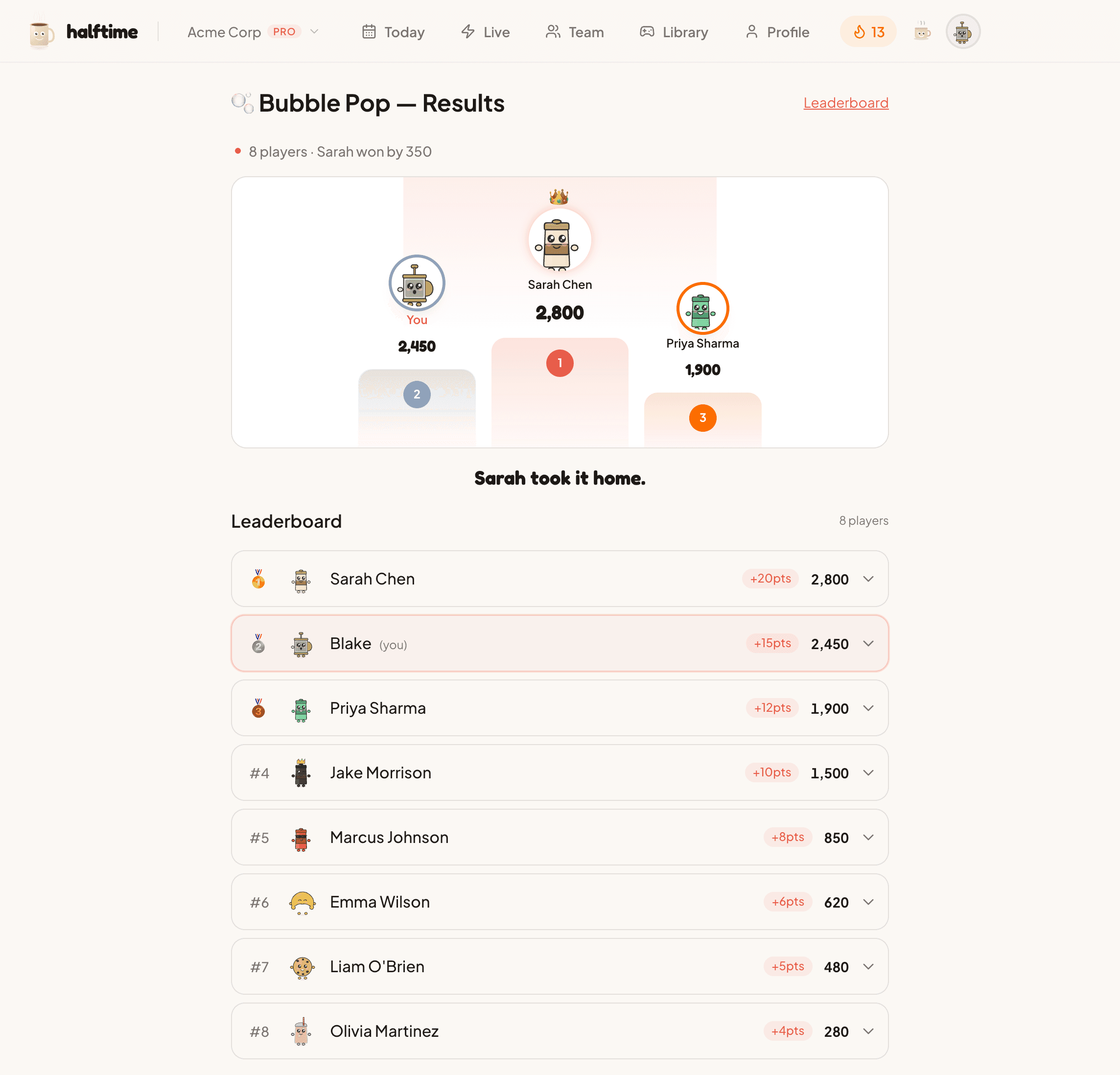 Bubble Pop results page with Sarah Chen on top of the podium, Blake and Priya on the sides, and the full team leaderboard below